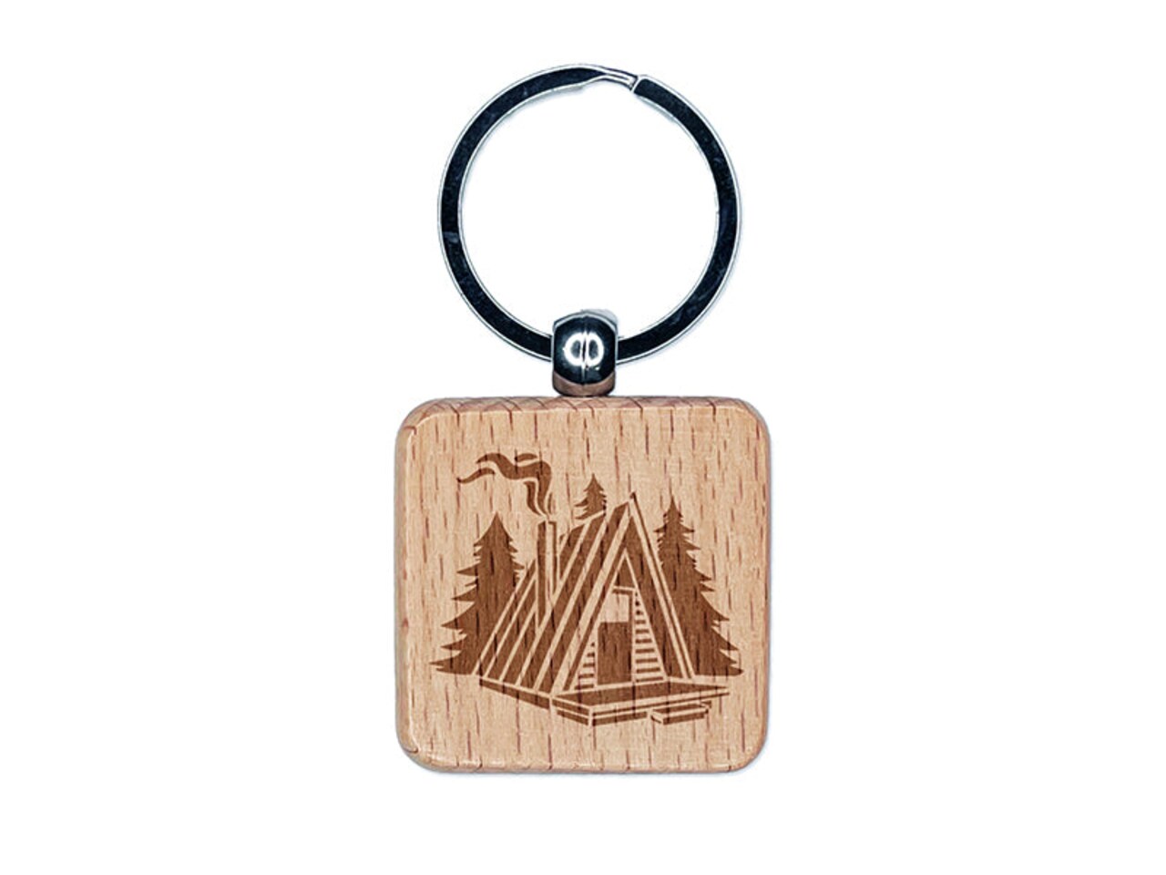 A-Frame Log Cabin House in Woods Engraved Wood Square Keychain Tag Charm